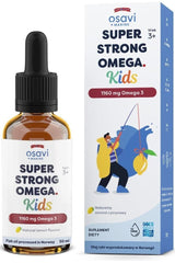 Osavi Super Strong Omega Kids 1160 mg Omega 3 oil bottle and box with lemon flavor, supports brain and heart health.