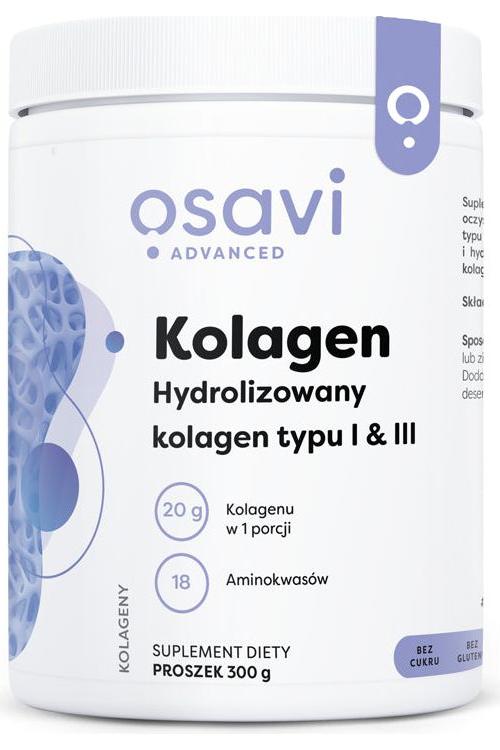 Osavi Type I & III Collagen Complex powder, 300 g, enriched with hydrolyzed collagen for skin and joint health.