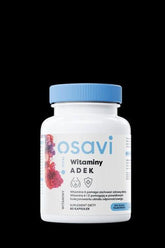 Osavi Vitamin ADEK supplement in soft capsules with a white container and blue lid, featuring natural vitamins.