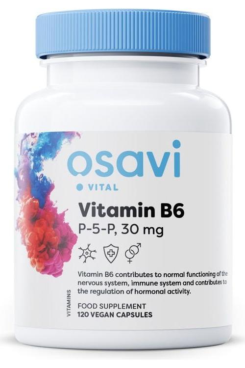 Osavi Vitamin B6 P-5-P supplement bottle, 120 vegan capsules, supports energy and immune system.