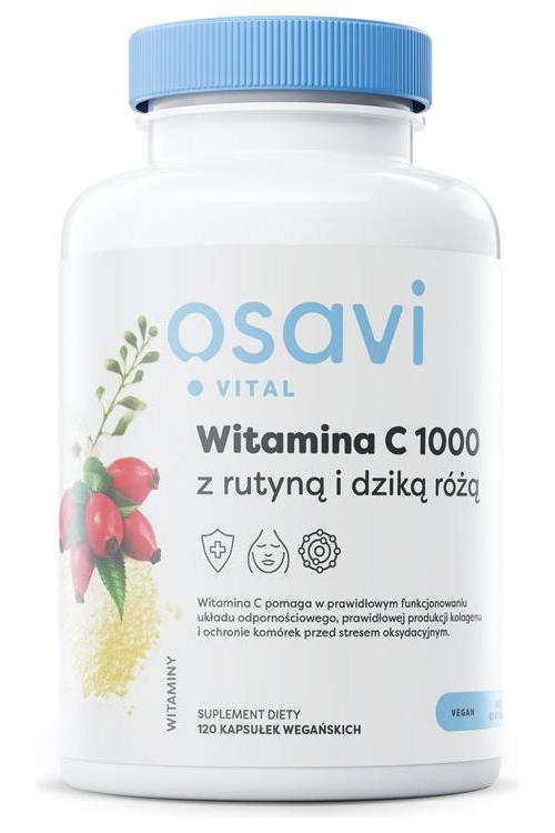 Osavi Vitamin C 1000 with Rutin and Rose Hip, 120 vegan capsules, supports immunity and skin health.