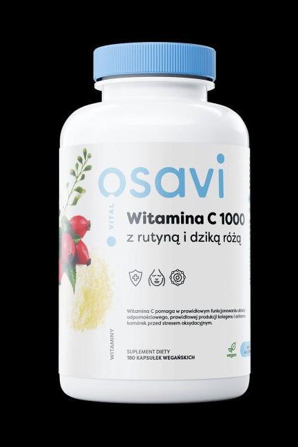 Osavi Vitamin C 1000 with Rutin and Rosehip, 180 vegan capsules bottle for antioxidant support.