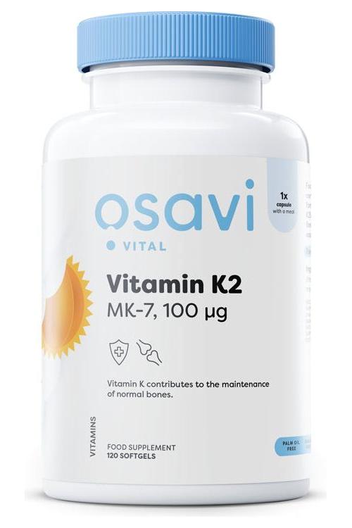 Osavi Vitamin K2 MK-7 supplement bottle, 100 μg, 120 softgels for bone health and blood coagulation.