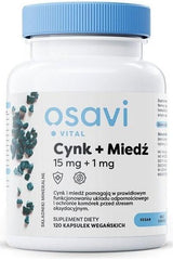 Osavi Zinc + Copper dietary supplement, 15 mg + 1 mg, 120 vegan capsules in a white bottle.