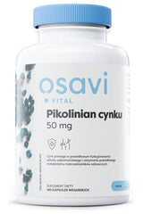 Osavi Zinc Picolinate 50 mg supplement bottle with 180 vegan capsules for immune support and cognitive function.