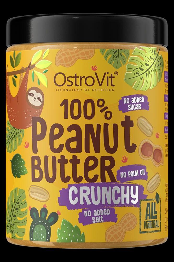 OstroVit 100% Peanut Butter Crunchy jar, all natural with no added sugar or salt, featuring a fun sloth design.