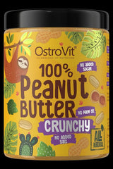 OstroVit 100% Peanut Butter Crunchy jar, all natural with no added sugar or salt, featuring a fun sloth design.