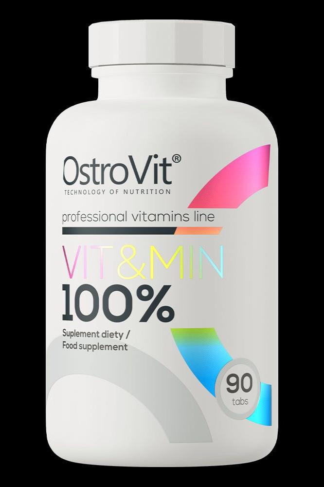 OstroVit 100% Vit&Min dietary supplement bottle with 90 tablets for essential vitamins and minerals.