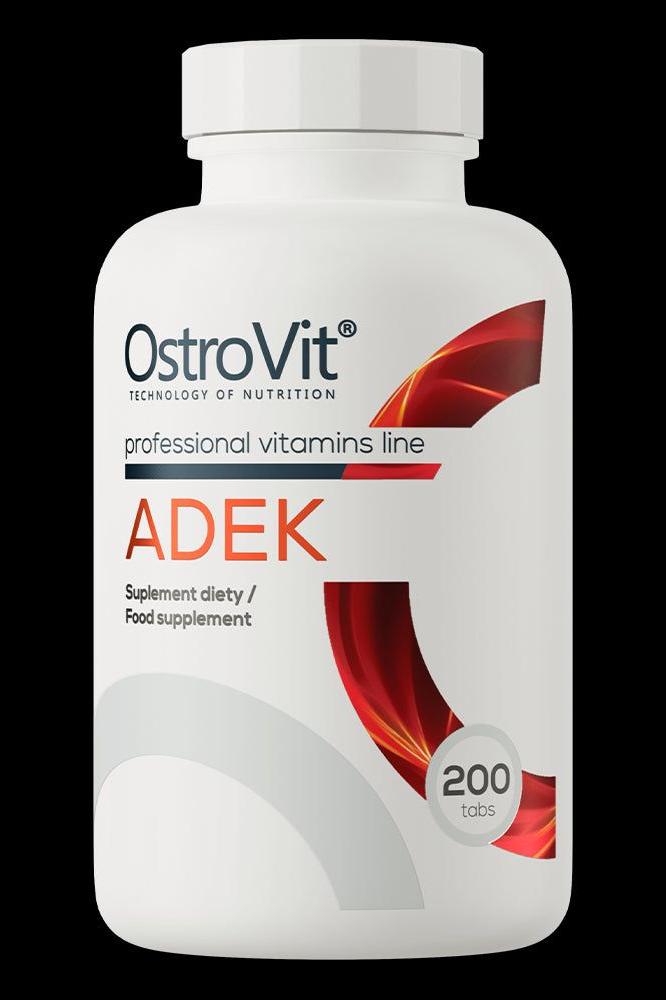 OstroVit ADEK dietary supplement bottle with 200 tabs for fat-soluble vitamins.