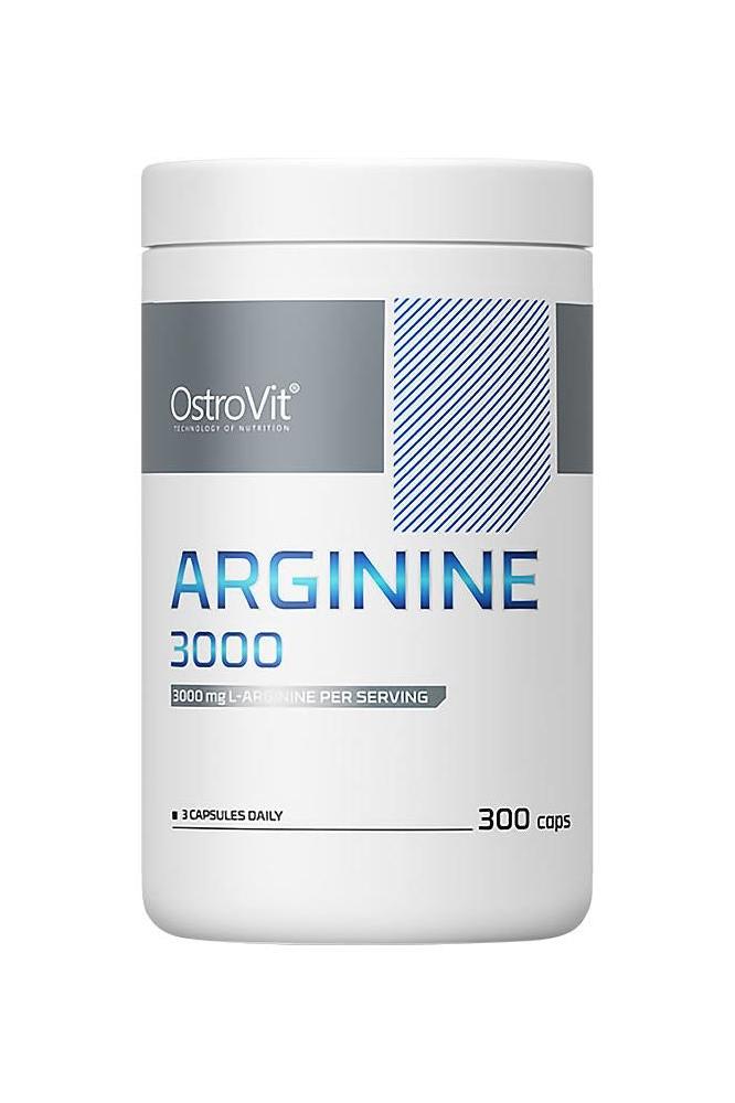 OstroVit Arginine 3000 dietary supplement with 300 capsules for improved blood flow and health benefits.