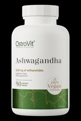 OstroVit Ashwagandha supplement bottle with 90 vegan tablets and 5.63 mg of withanolides.
