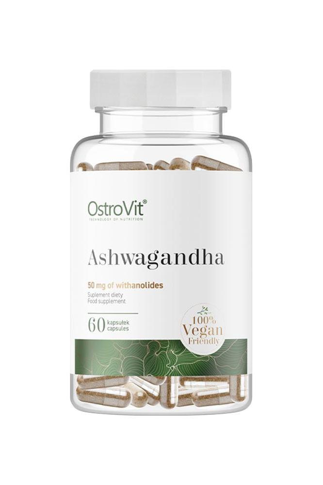 OstroVit Ashwagandha supplement bottle with 60 vegan capsules, 50 mg of withanolides per serving.