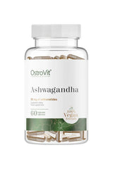 OstroVit Ashwagandha supplement bottle with 60 vegan capsules, 50 mg of withanolides per serving.