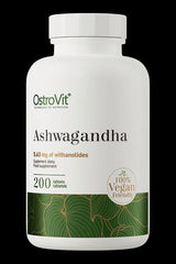 OstroVit Ashwagandha supplement bottle with 200 vegan tablets containing withanolides.