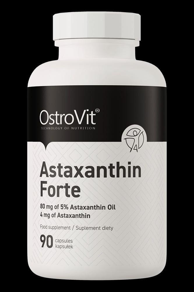 OstroVit Astaxanthin Forte supplement bottle with 90 capsules, featuring 80mg of Astaxanthin oil, 4mg of Astaxanthin.