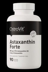 OstroVit Astaxanthin Forte supplement bottle with 90 capsules, featuring 80mg of Astaxanthin oil, 4mg of Astaxanthin.