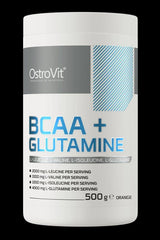 OstroVit BCAA + Glutamine 500g container with L-leucine, L-valine, L-isoleucine ingredients listed.