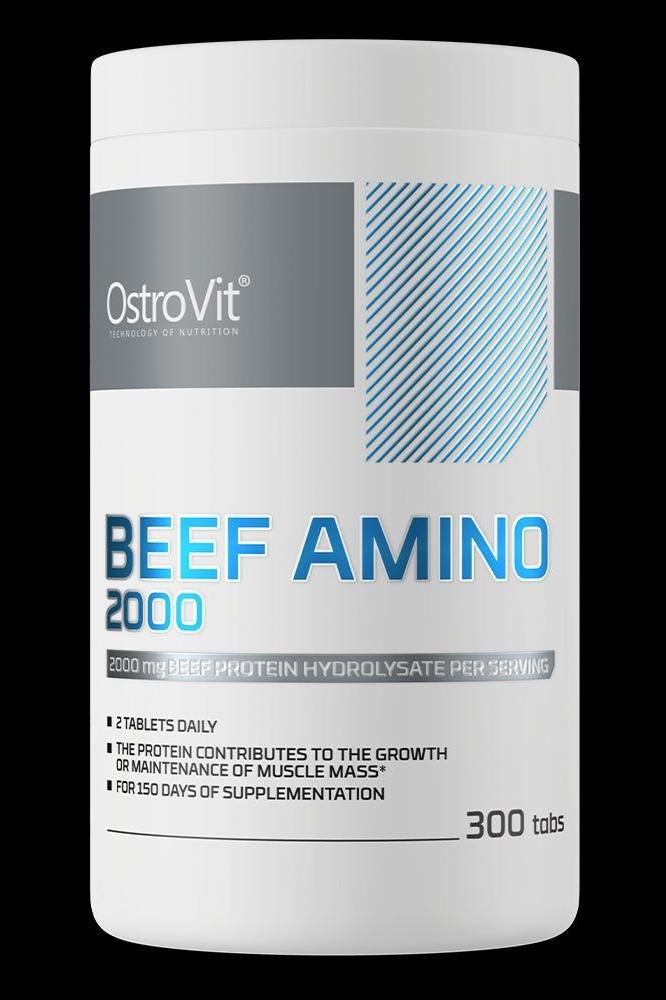 OstroVit Beef Amino 2000 mg protein supplement in a 300 tablet container for athletes.