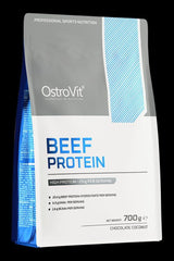 OstroVit Beef Protein packaging featuring high protein content and chocolate coconut flavor, perfect for muscle building.