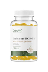 OstroVit Berberine HCl 97% supplement bottle with 90 vegan capsules, each containing 500 mg berberine hydrochloride.