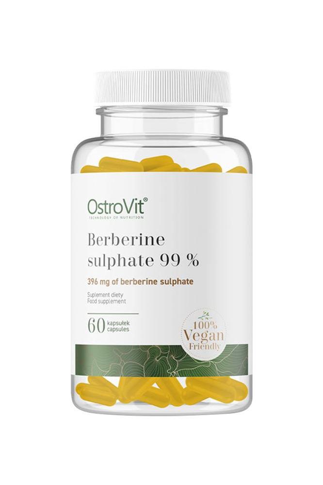 OstroVit Berberine Sulphate 99% in bottle with 60 vegan capsules for dietary supplements.