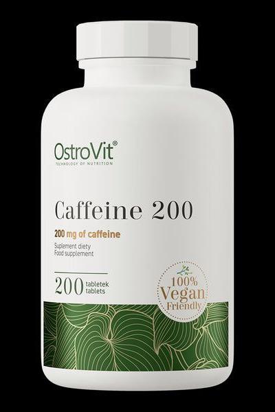 OstroVit Caffeine 200 mg supplement bottle with 200 vegan tablets for enhanced energy and concentration.