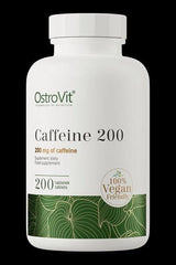 OstroVit Caffeine 200 mg supplement bottle with 200 vegan tablets for enhanced energy and concentration.