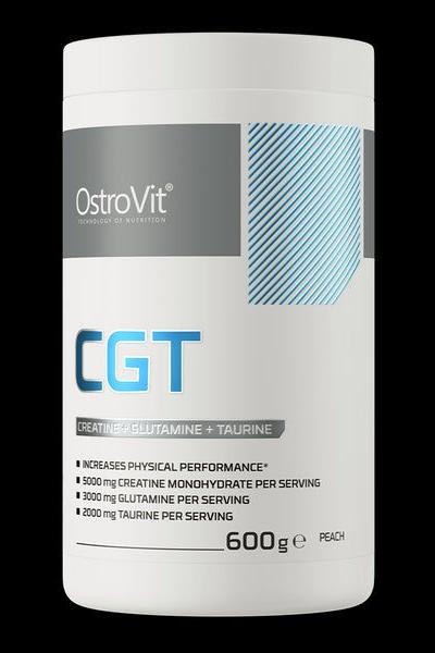 OstroVit CGT supplement container, 600g, with creatine, glutamine, and taurine, peach flavor.