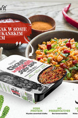 OstroVit Chicken in Mexican style sauce with rice, featuring high protein and no preservatives, served in a vibrant dish.