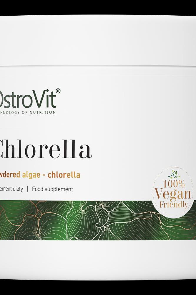 OstroVit Chlorella powder container featuring vegan-friendly label and nutritional information.