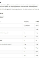 Nutrition facts for OstroVit Chocolate & Cherry Flavoured Sauce, 350 g, including ingredients and calorie content.