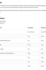 OstroVit chocolate sauce nutrition facts, detailing ingredients, calories, and nutrient content per portion and 100g.