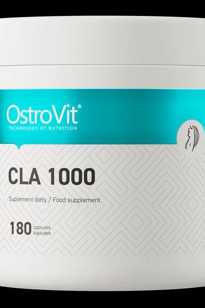 OstroVit CLA 1000 mg food supplement in a white container with 180 capsules for muscle support and fat burning
