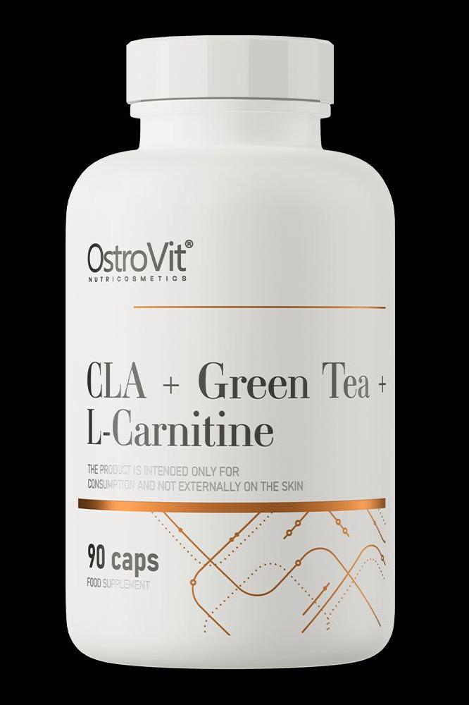 OstroVit CLA Green Tea L-Carnitine supplement bottle with 90 capsules for fat burning and muscle support.