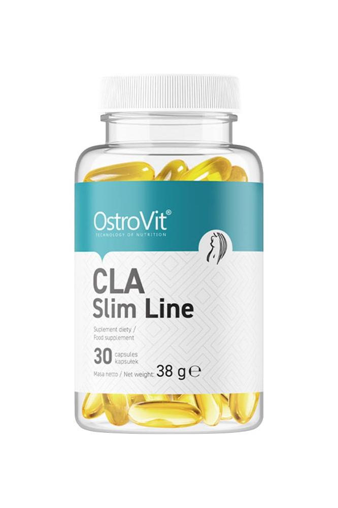 OstroVit CLA Slim Line supplement bottle with 30 capsules, promoting muscle gain and fat loss.