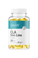 OstroVit CLA Slim Line supplement bottle with 30 capsules, promoting muscle gain and fat loss.