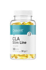 OstroVit CLA Slim Line supplement bottle with 30 capsules, promoting muscle gain and fat loss.