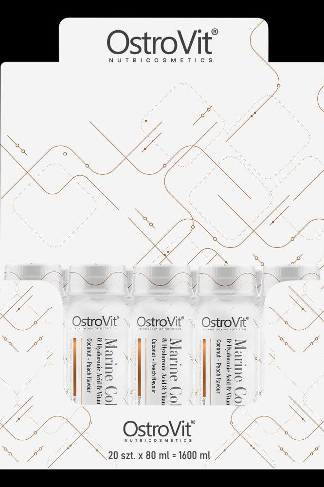 OstroVit Marine Collagen Shot Coconut & Peach display, 20 vials, 80 ml each, promoting skin and joint health.