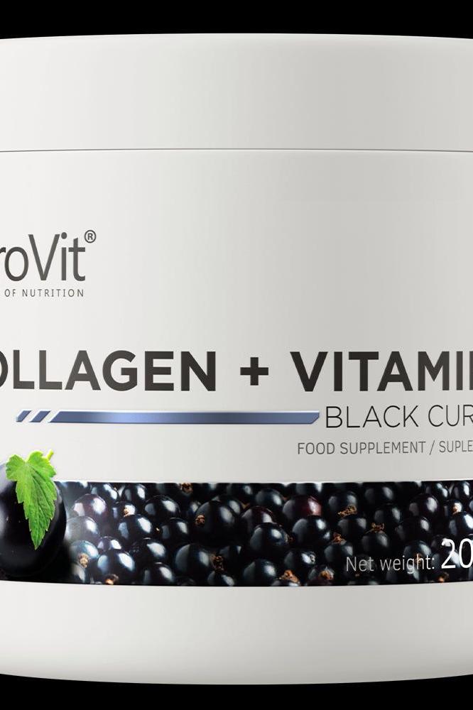 OstroVit Collagen + Vitamin C food supplement with blackcurrant flavor, net weight 200g.