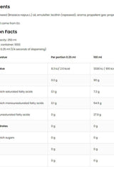 Nutritional information for OstroVit cooking spray, showing values per portion and per 100 ml, including calories and ingredients.