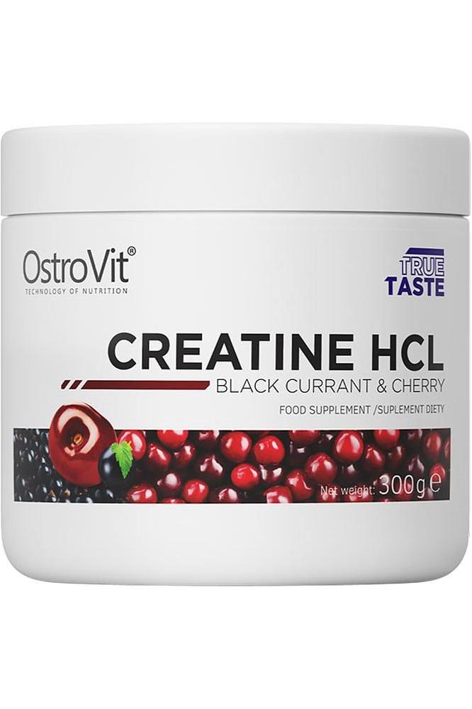 OstroVit Creatine HCL in Black Currant and Cherry flavor, 300g supplement for muscle growth and recovery.