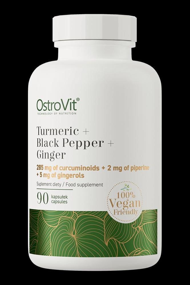 OstroVit Turmeric, Black Pepper, and Ginger supplement bottle with 90 vegan capsules for health support.