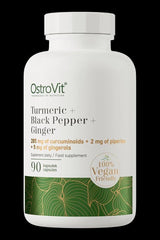 OstroVit Turmeric, Black Pepper, and Ginger supplement bottle with 90 vegan capsules for health support.