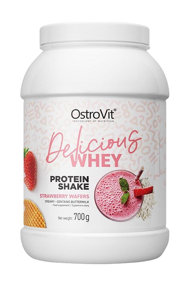 OstroVit Delicious WHEY protein shake with strawberry wafers flavor in a white container, net weight 700g.