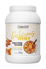 OstroVit Delicious WHEY protein shake in Salted Caramel flavor, 700g package, ideal for muscle recovery and high protein intake.