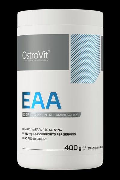 OstroVit EAA Strawberry Cream 400g container featuring essential amino acids and no added colors.