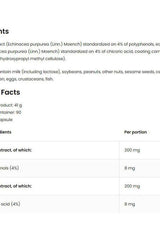 OstroVit Echinacea VEGE supplement fact sheet, detailing ingredients and nutritional values.