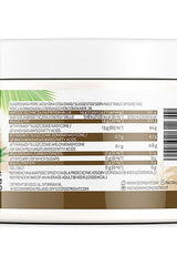 Nutritional information label of OstroVit Extra Virgin Coconut Oil, highlighting natural ingredients and health benefits.