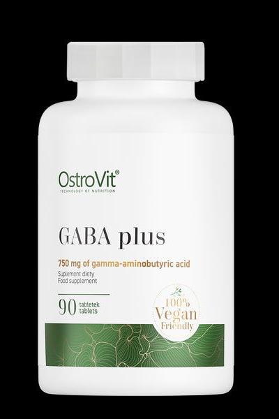 OstroVit GABA Plus VEGE supplement bottle with 90 vegan tablets for improved sleep and cognitive functions.