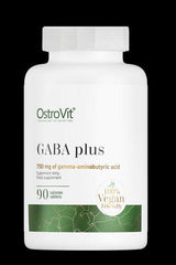 OstroVit GABA Plus VEGE supplement bottle with 90 vegan tablets for improved sleep and cognitive functions.